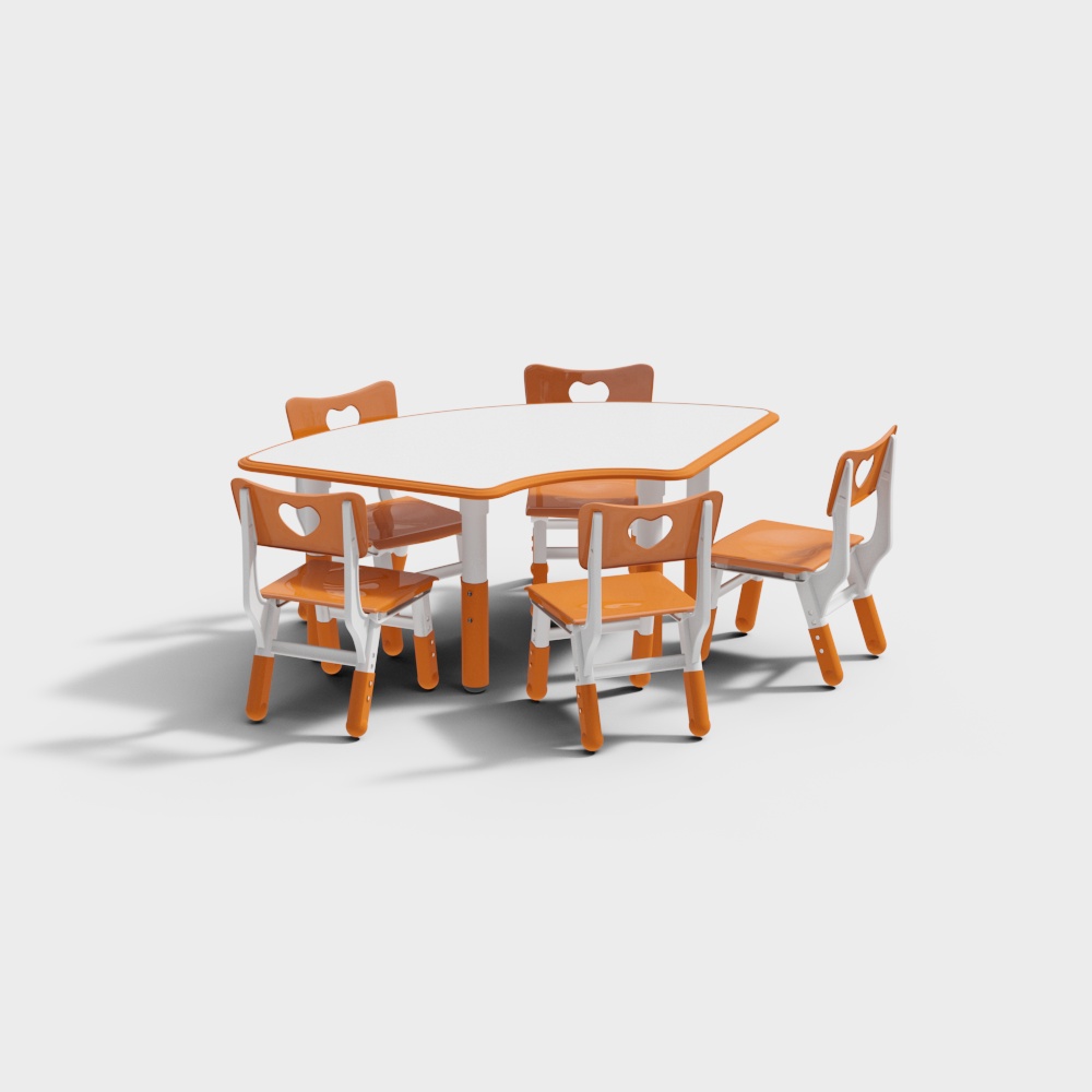Childrens classroom table and chairs set with orange wood finish and heart cutouts on grey background