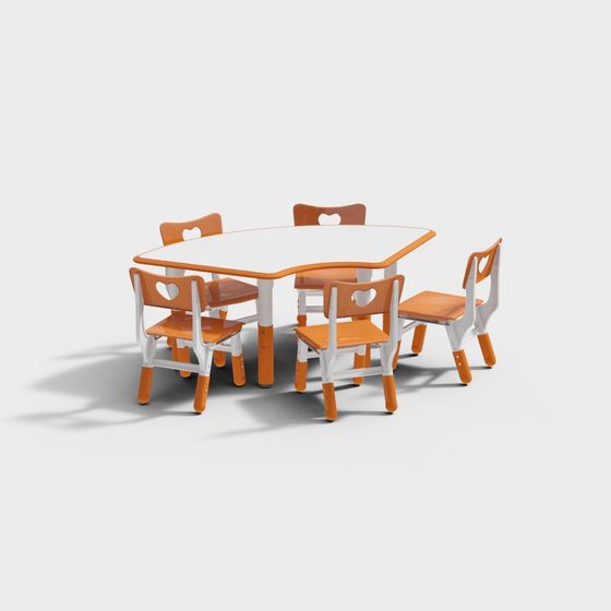 Childrens classroom table and chairs set with orange wood finish and heart cutouts on grey background