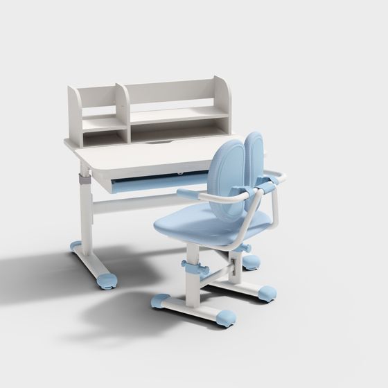 Gray Study Tables and Chairs 3D Model
