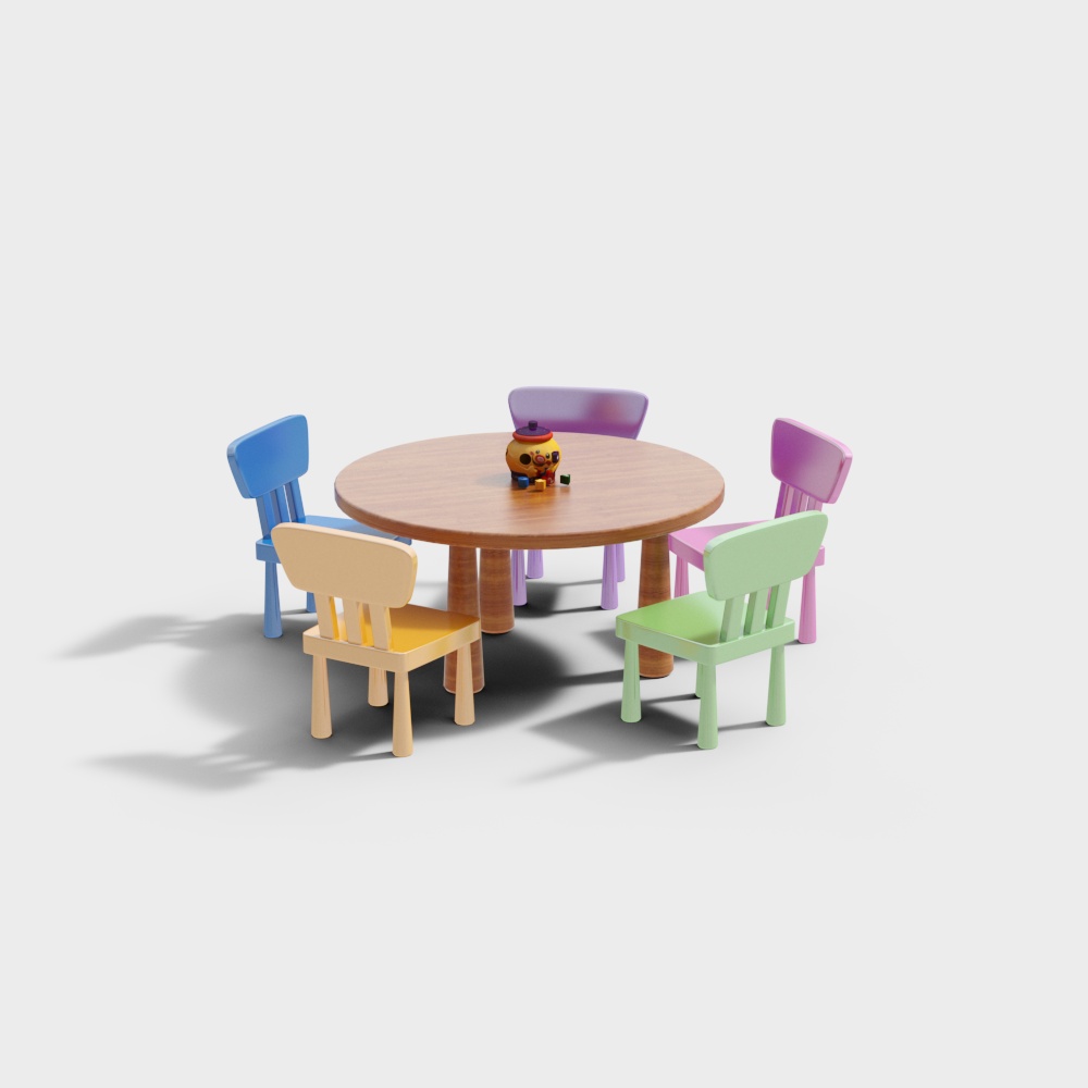 Round wooden kids table with five colorful chairs and small toy on white background