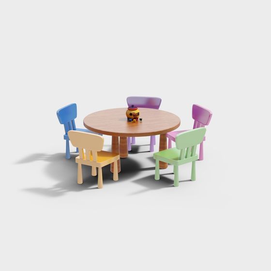 Round wooden kids table with five colorful chairs and small toy on white background