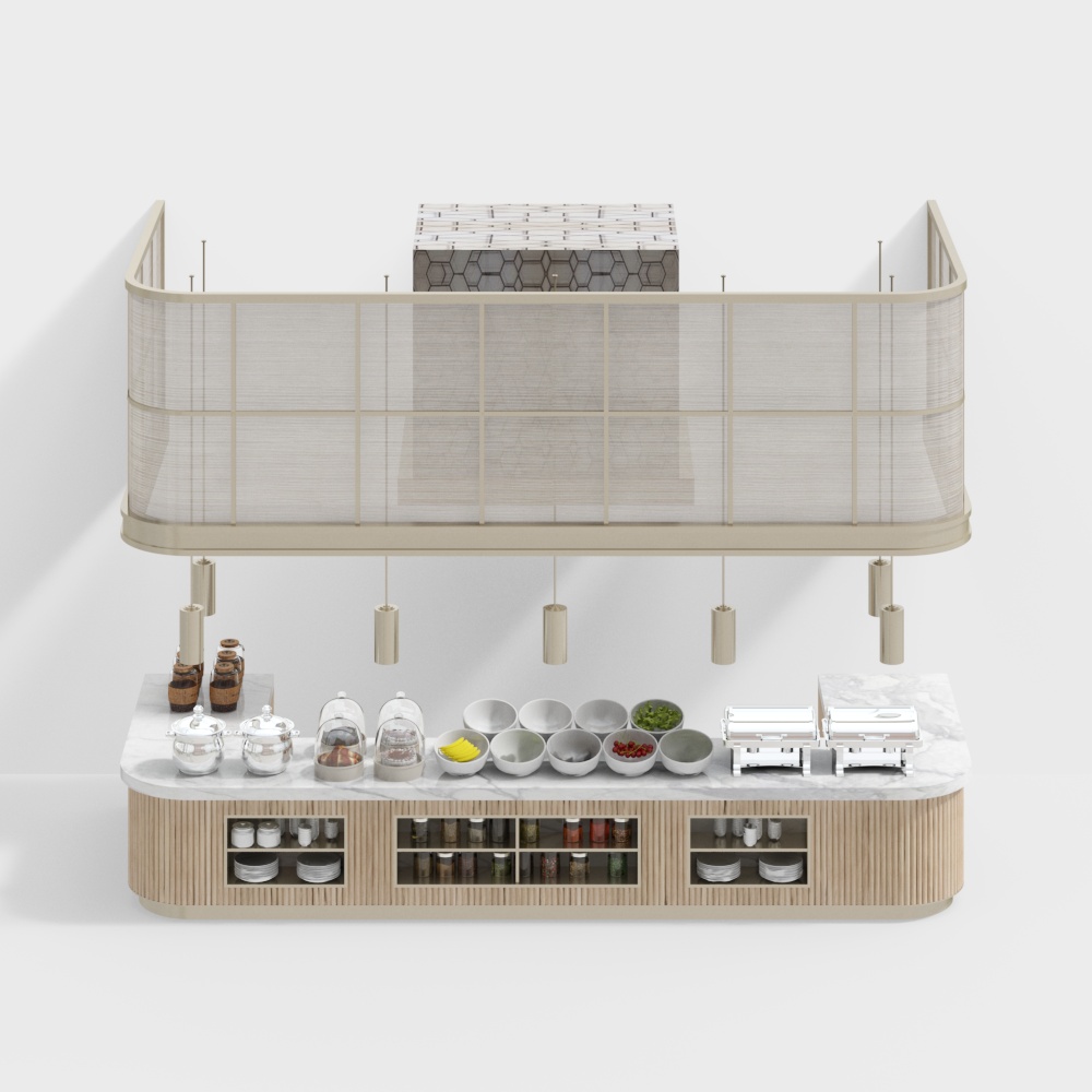 Modern buffet counter with marble top and hanging mesh screen on white background