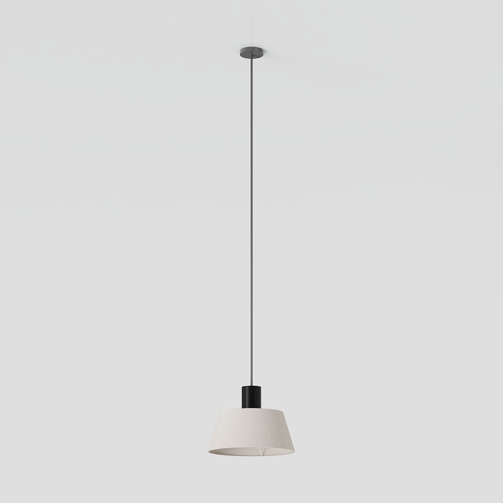 Modern hanging ceiling light with black metal rod and white fabric shade on grey background