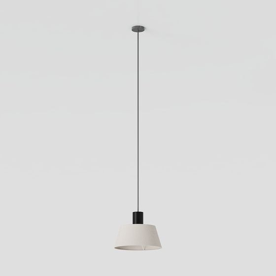 Modern hanging ceiling light with black metal rod and white fabric shade on grey background