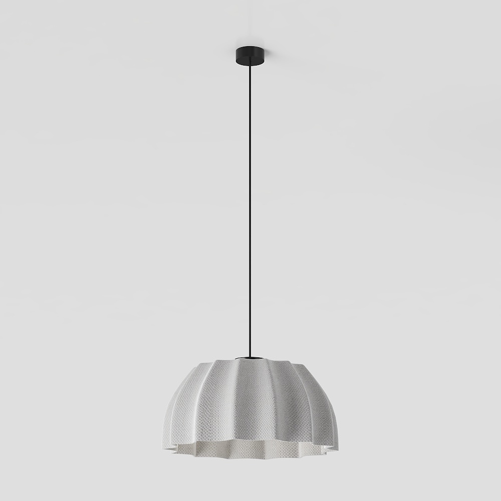 Modern white textured ceiling light with black cord and metal base on grey background
