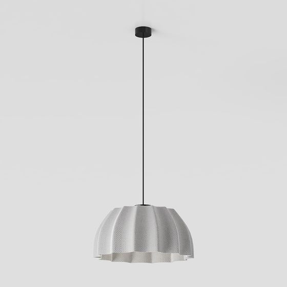 Modern white textured ceiling light with black cord and metal base on grey background