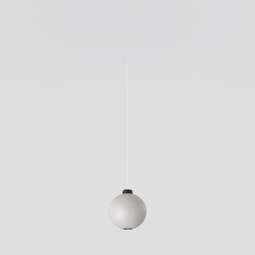 Modern white round ceiling light with thin cord and brown top detail on grey background
