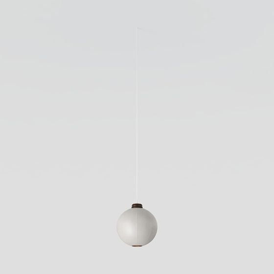 Modern white round ceiling light with thin cord and brown top detail on grey background