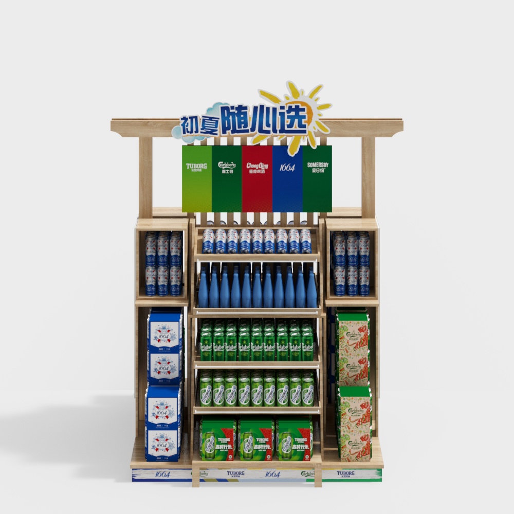 Light wood beverage display stand with colorful cans and boxes on white background