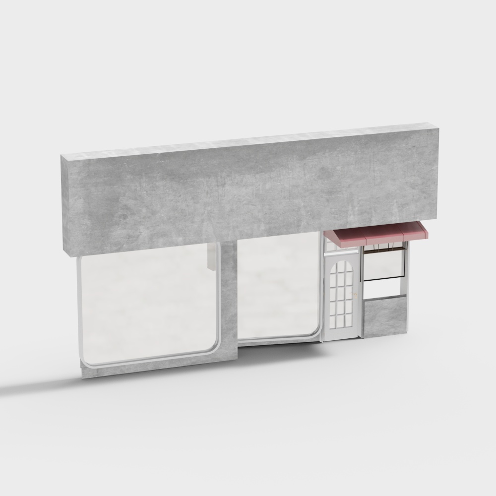 Modern concrete shop facade with glass windows and red awning on white background