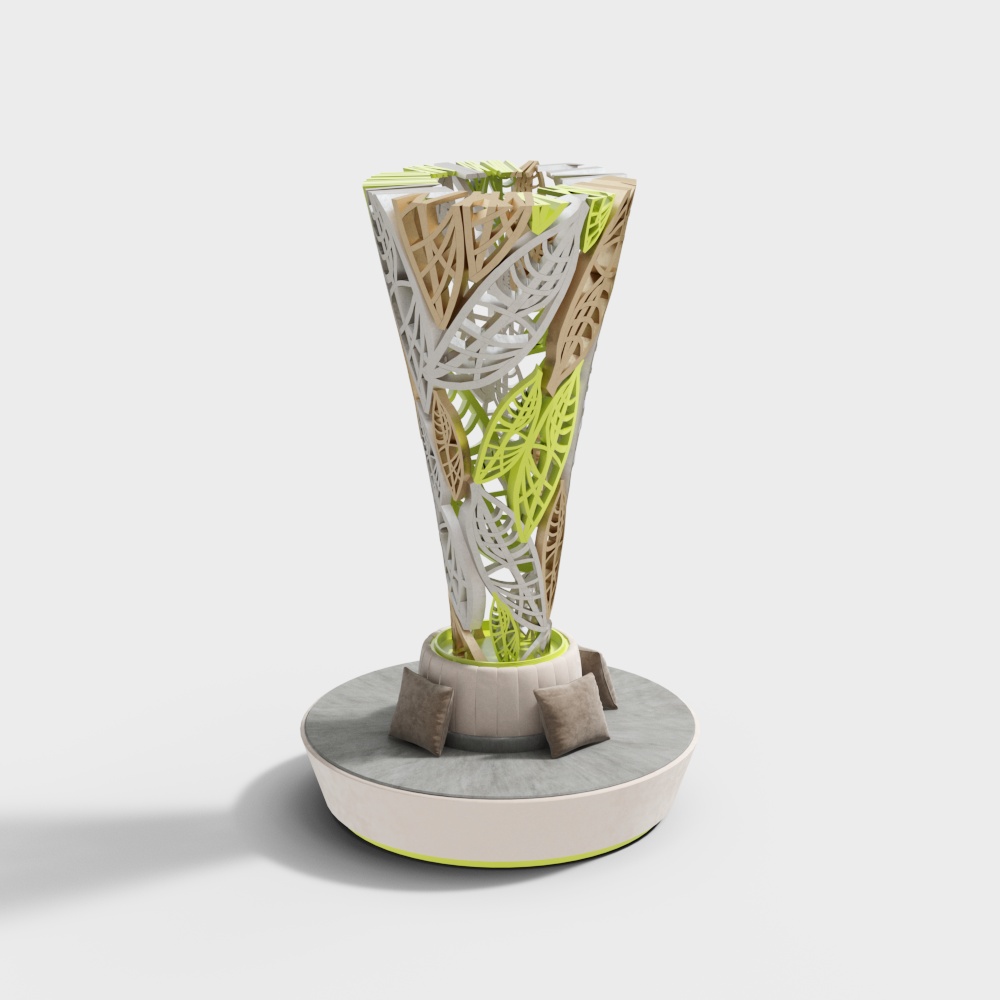 Modern abstract art sculpture with green white wood on grey background