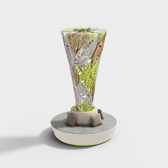 Modern abstract art sculpture with green white wood on grey background
