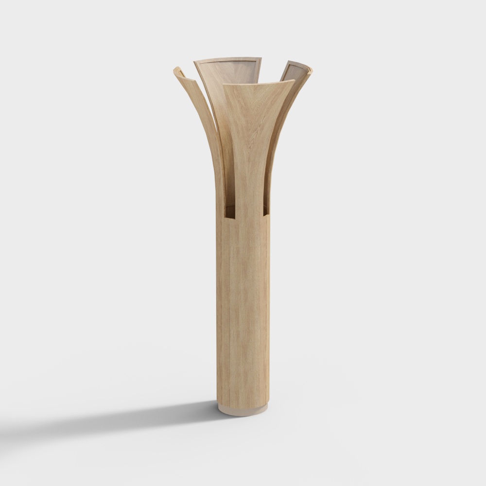 Modern light wood floor vase with curved open top on white background