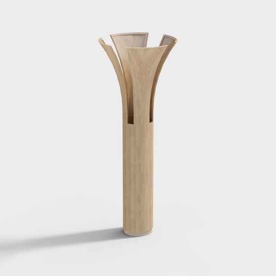 Modern light wood floor vase with curved open top on white background