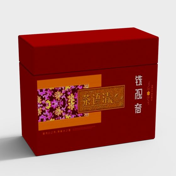 Red rectangular tea box with gold label and purple floral design on white background