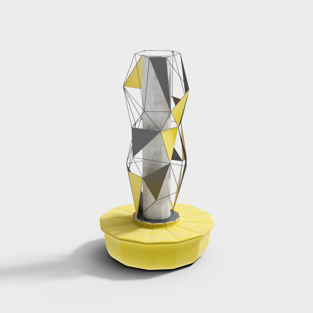 Modern yellow and grey geometric table lamp with metal frame on white background