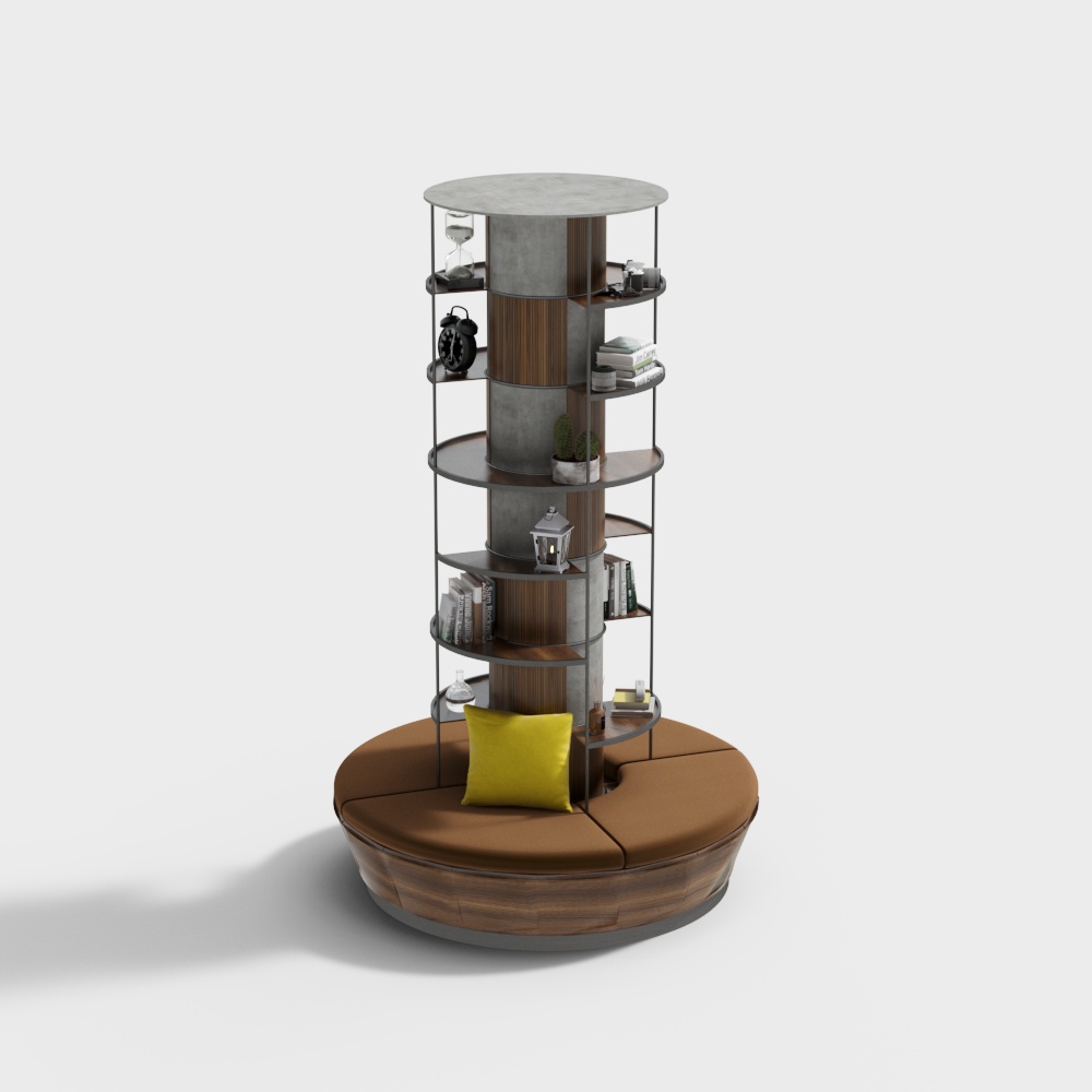 Modern circular brown leather bench seat with tall grey metal bookshelf on white background