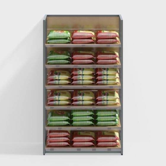 Tall grey metal grocery shelf with wood shelves holding colorful food packages on white background