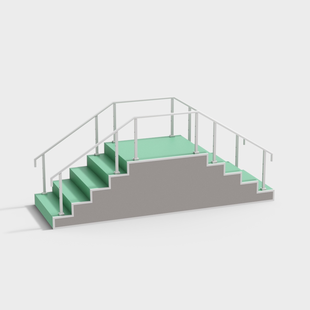 Modern green staircase with white metal railing and grey side on light grey background