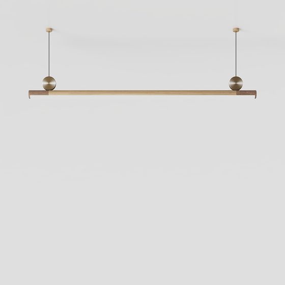 Modern long wooden hanging light with gold round bulbs and black cords on grey background