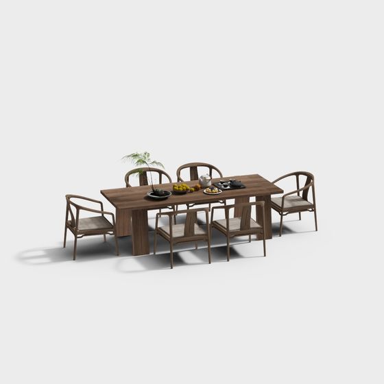 Stylish Wooden Dining Table and Chairs 3D model