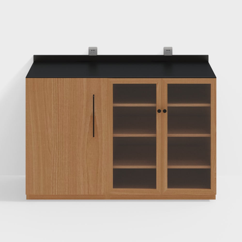 เฟอร์นิเจอร์ดำสองตัวทำเป็นตู้ข้าง B ตู้สำหรับหม้อ + C ตู้ดื่มน้ำจากไม้เชอร์รี่