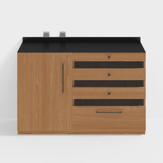 Deux meubles noirs sont couverts de caissons latéraux A et C, en bois de cerisier