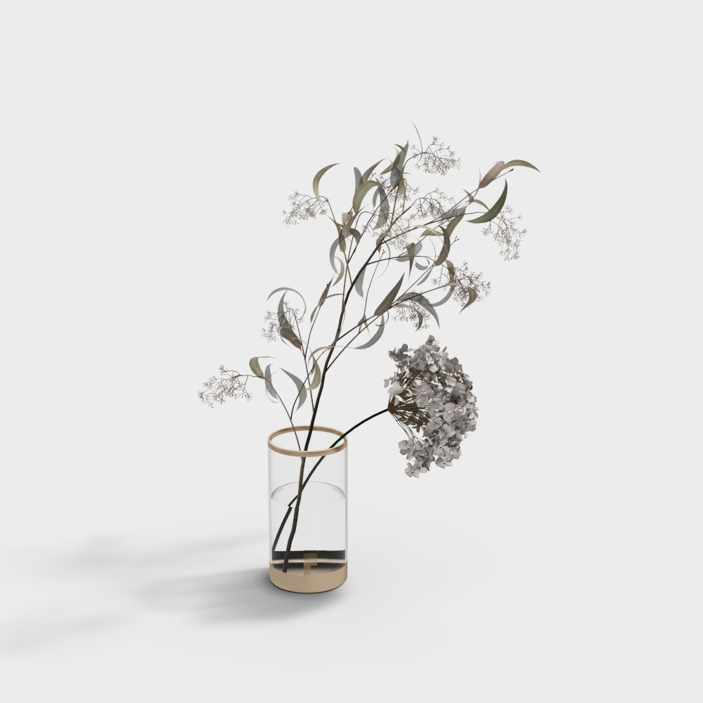 Glass Vase 3D Model with Floral Arrangement and Gold Base