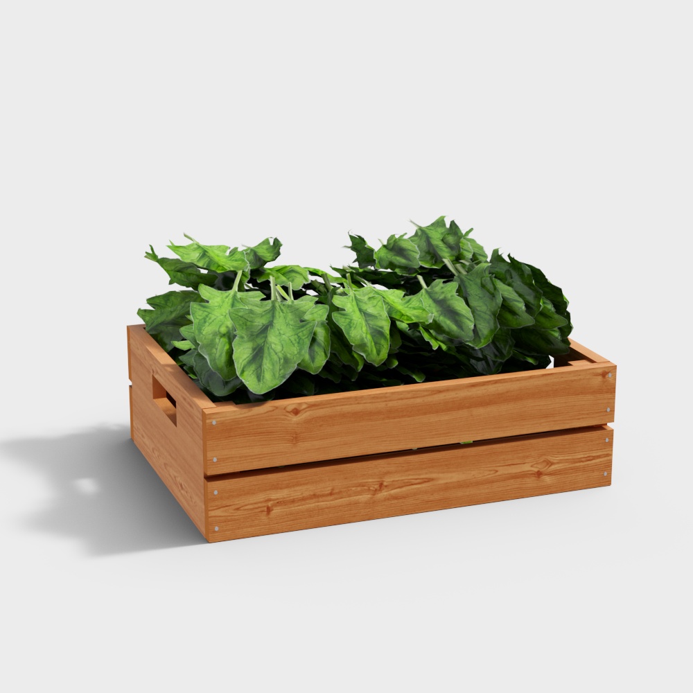 Rustic Garden Crate 3D Model – Aged Pine with Foliage