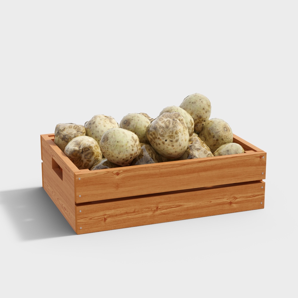 Rustic Wooden Box with Potatoes 3D Model – Natural Textures
