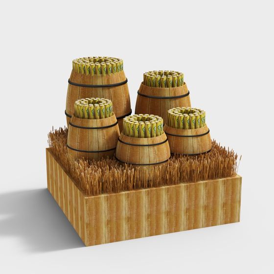 Vintage Wooden Barrel Stack 3D model in Golden Wheat Field