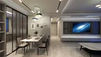Living room interior with wall mounted television marble floor and dining area under colorful lights