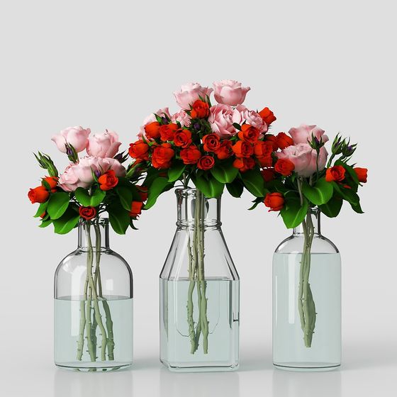 Glass Bottles with Roses 3D model