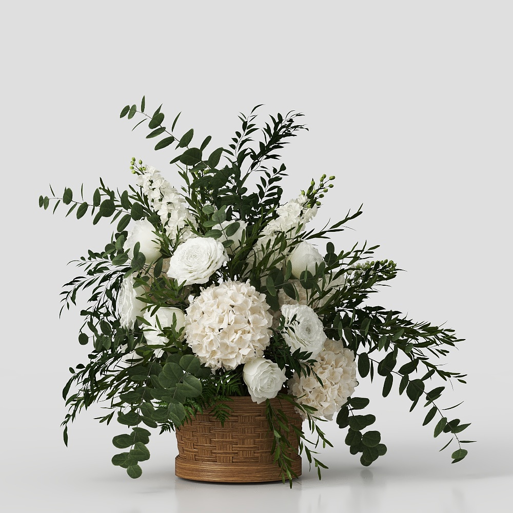 Country Flower Basket 3D Model – Low-Poly Spring Decor