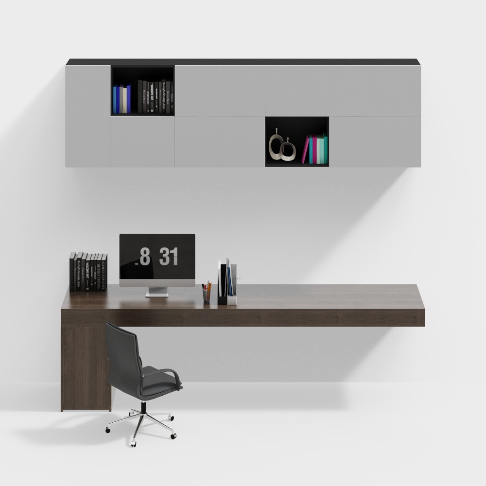 Modern grey wall cabinet with dark wood desk and black chair on white background