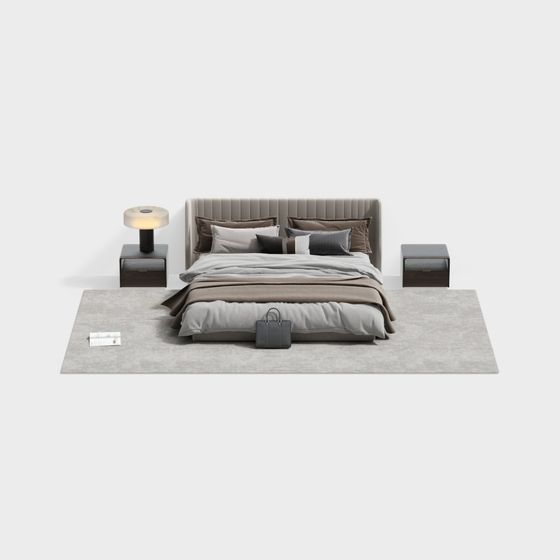 Modern Double Bed Combination 3D Model in Gray
