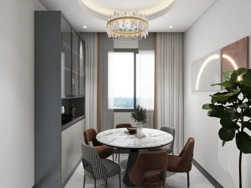 Modern dining room with round marble table brown chairs grey cabinet ceiling light and plant