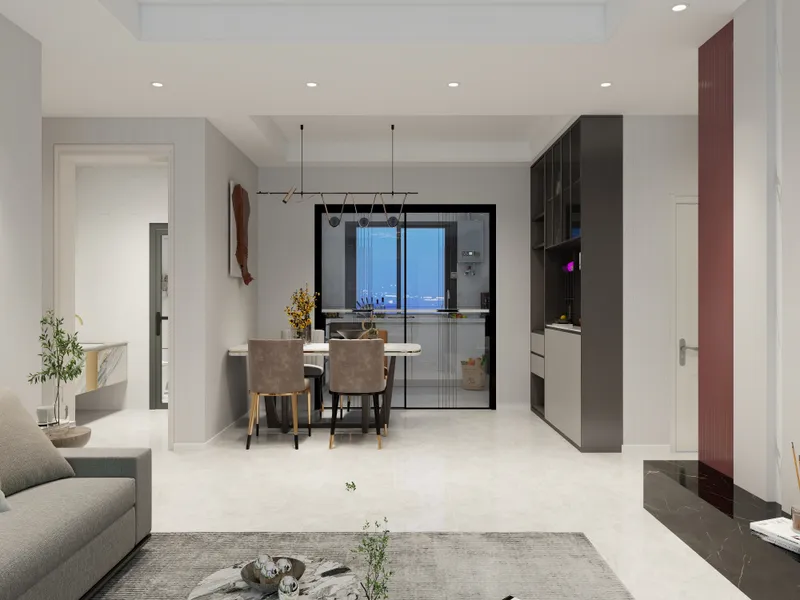 Interior design drawing of modern living room with dining table chairs and large storage cabinet