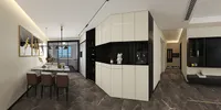 Spacious dining area with marble flooring plus cream wall cabinets and dark wood hallway details